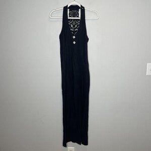Jessica McClintock Gunne Sax Vintage Black Halter Midi Dress Jeweled Size 7/8